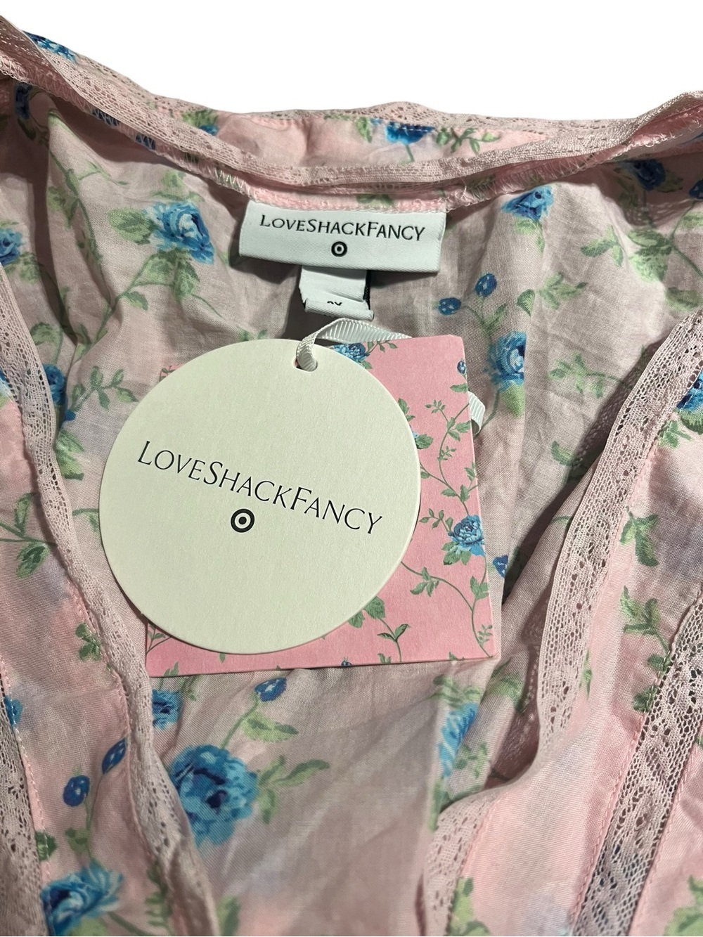 LoveShackFancy NWT 2XL Pink Blue Floral Prairie Cottagecore Dress Lace Trim - Picture 11 of 13